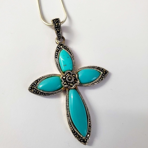 Sterling Silver 925 Turquoise Marcasite Cross Marcasite Pendant